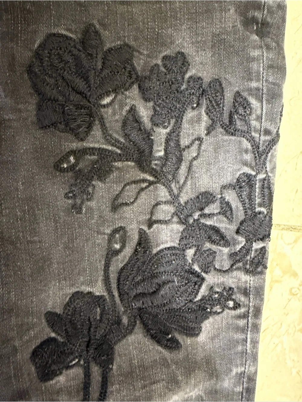 Zara Black Wash Skinny Jeans with Floral Embroidery